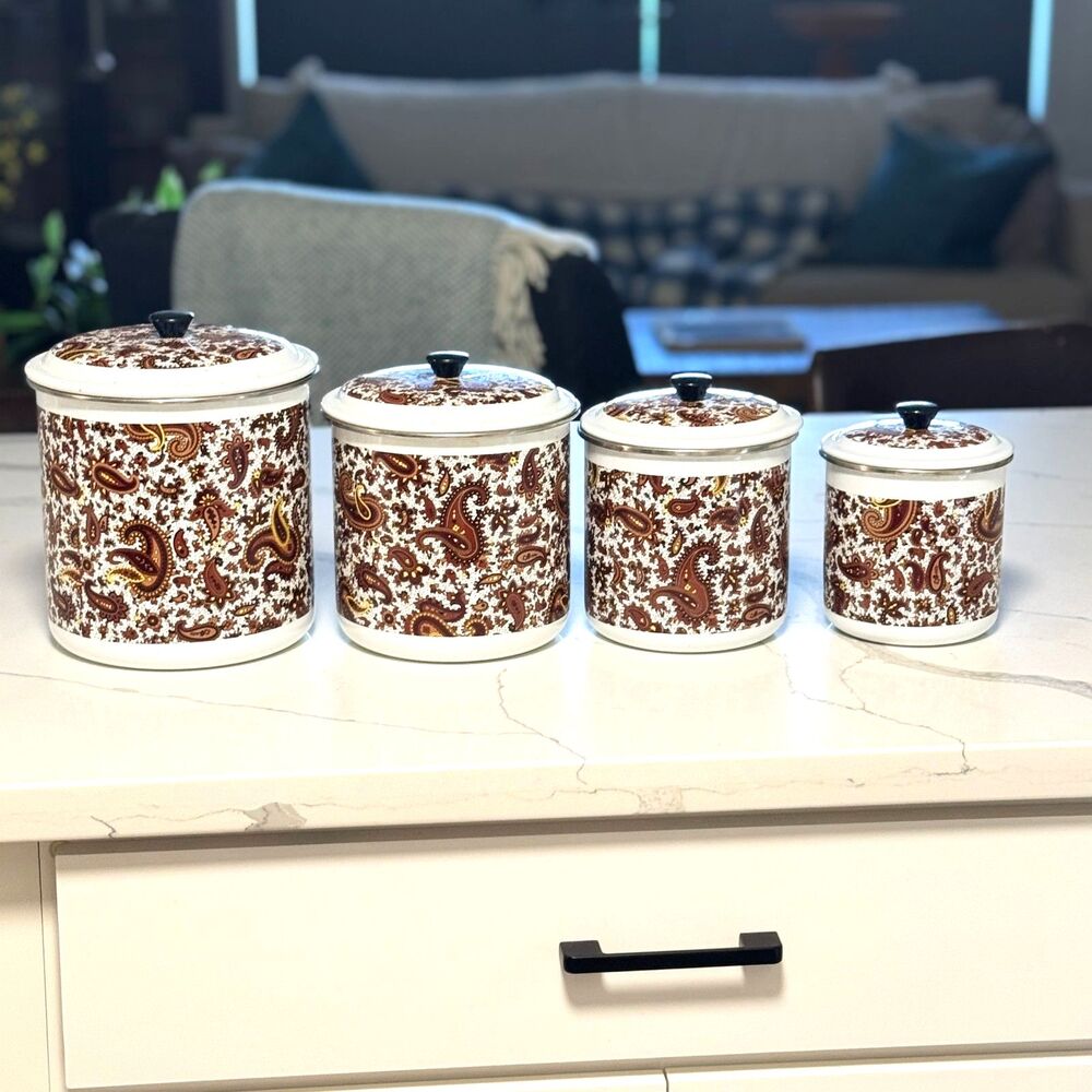 Fancipans Vintage Enamelware Canister Set of 4 | 1970s Kitchen Canisters | MCM